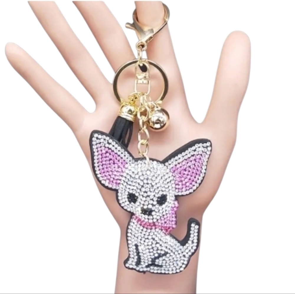 Chihuahua Bag Charm Rhinestone Pink Accents